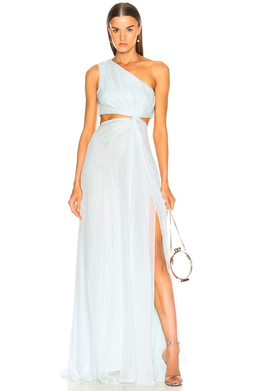 Cinq a Sept Blue Grass Goldie One Shoulder Ruched Cutout Silk Flowy Dress Size 6